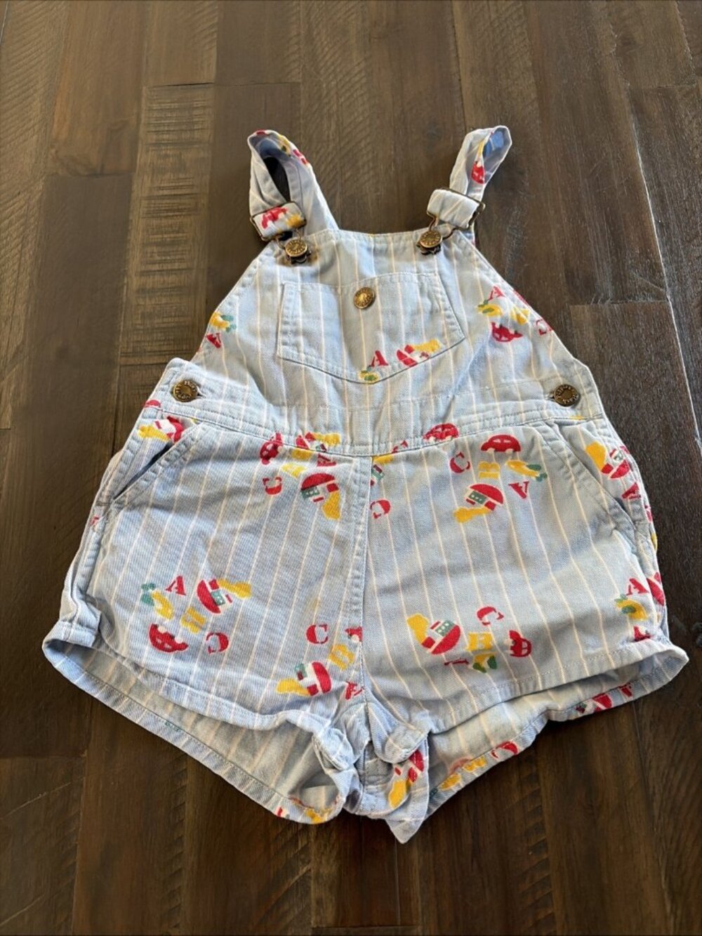 Vintage Hush Puppies Striped ABC Short Overalls Blue Size 24 Months